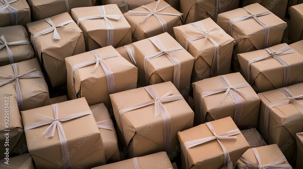 A collection of neatly wrapped gift boxes adorned with white ribbons. A collection of neatly wrapped gift boxes adorned with white ribbons.