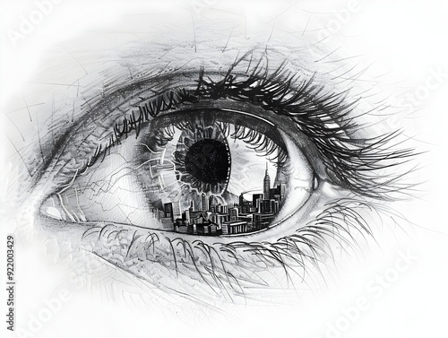 Detailed Sketch of an Eye Reflecting an Urban Cityscape within the Iris   Conceptual
