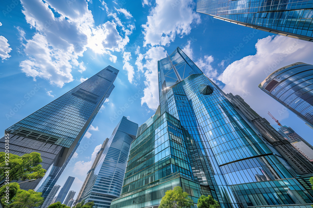 Skyscrapers Viewed from Below with Blue Sky and White Clouds Skyscrapers Viewed from Below with Blue Sky and White Clouds