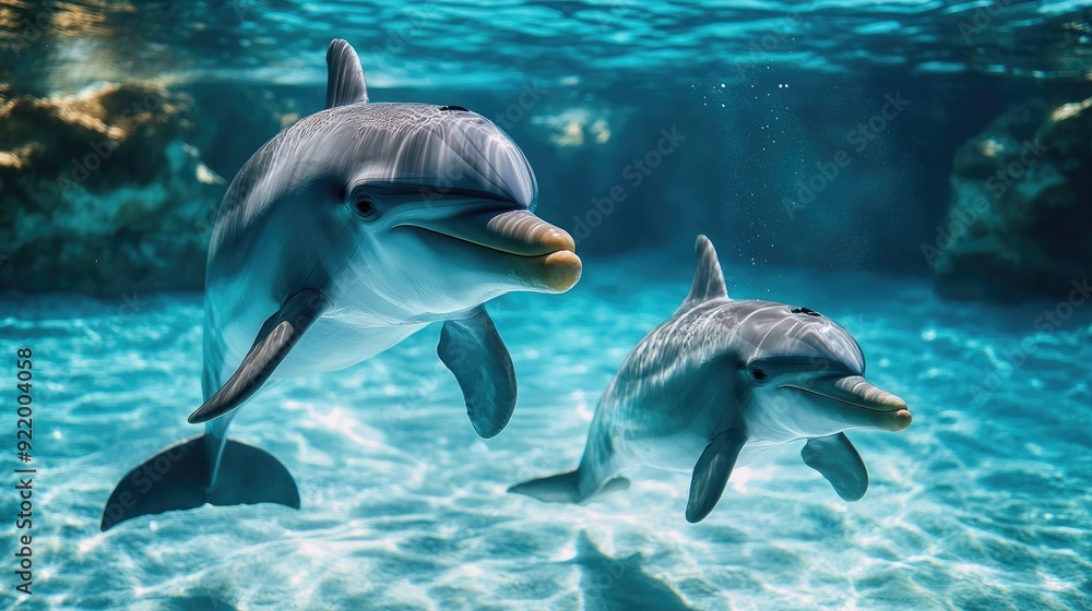 Obraz premium Dolphin swimming gracefully underwater with his son
