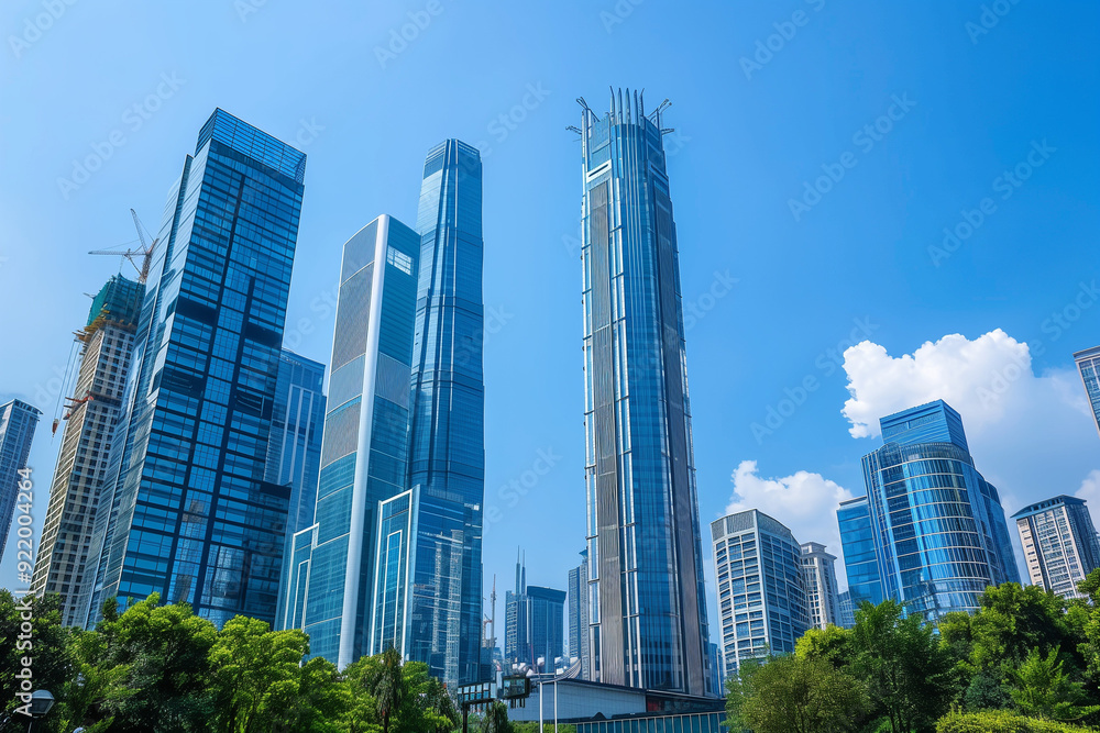 Skyscrapers Viewed from Below with Blue Sky and White Clouds Skyscrapers Viewed from Below with Blue Sky and White Clouds