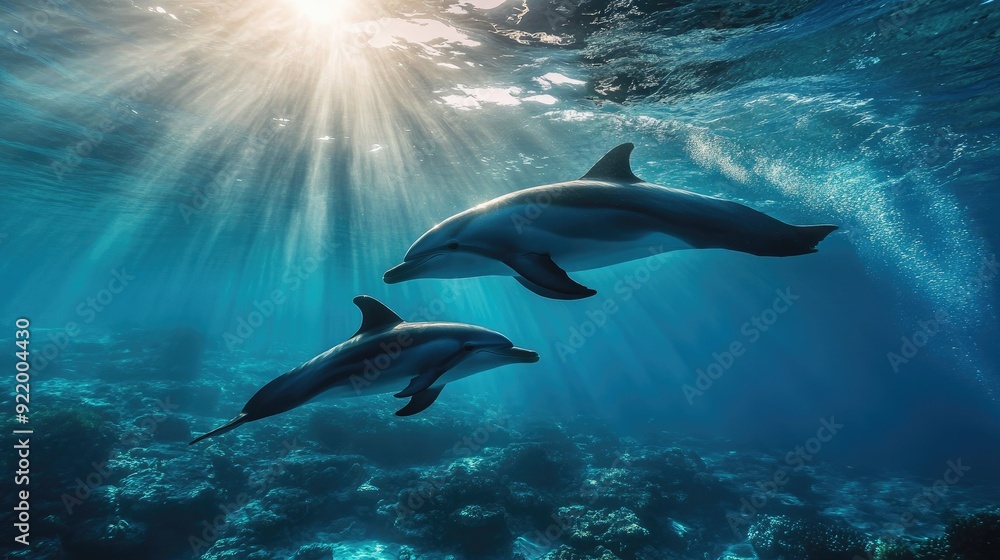 Naklejka premium Dolphin swimming gracefully underwater with his son