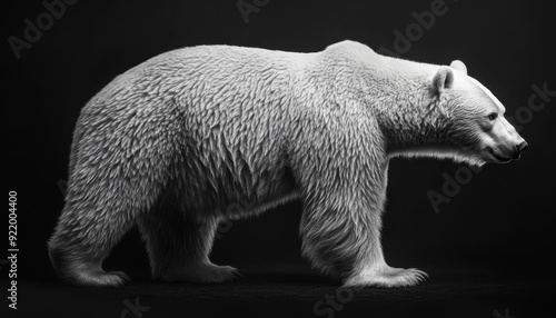 Polar bear walking against a dark background in a wildlife exhibit