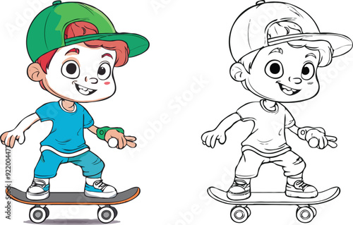 coloring page features a simple drawing of red yellow with baby girl & boy playing skateboarding, Coloring book for kids