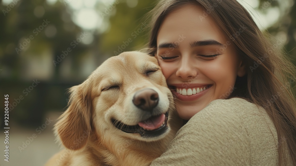 Portrait of beautiful women hugging cute dog with smile and happiness by the front the house background, lovely moment of pet and owner Portrait of beautiful women hugging cute dog with smile and happiness by the front the house background, lovely moment of pet and owner