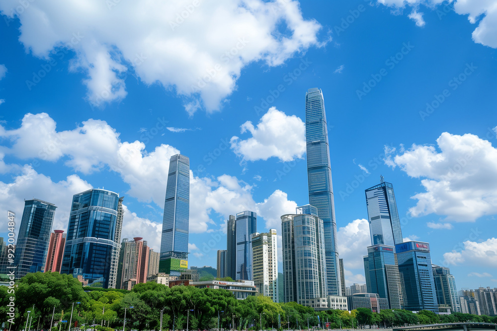 Skyscrapers Viewed from Below with Blue Sky and White Clouds Skyscrapers Viewed from Below with Blue Sky and White Clouds