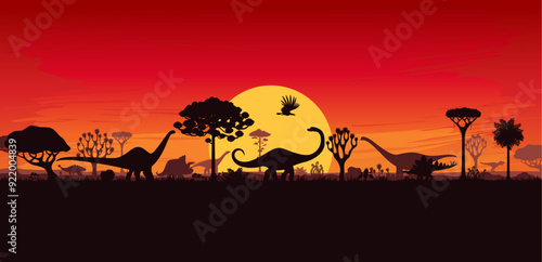 Prehistoric dinosaurs silhouettes sunset landscape with trees and plants. Vector background with terrain and flying dino species shadow in front of large sun in red dusk sky. Jurassic park environment