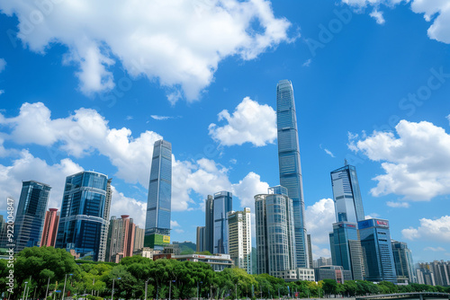 Skyscrapers Viewed from Below with Blue Sky and White Clouds