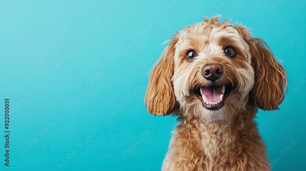 Fototapeta premium Cute, happy dog headshot smiling on a bright on blue background.