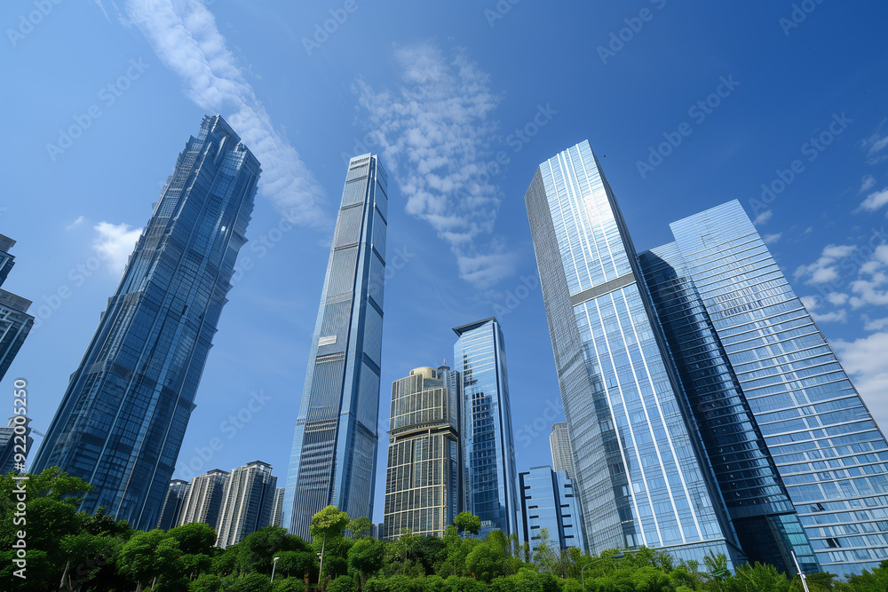 Skyscrapers Viewed from Below with Blue Sky and White Clouds Skyscrapers Viewed from Below with Blue Sky and White Clouds