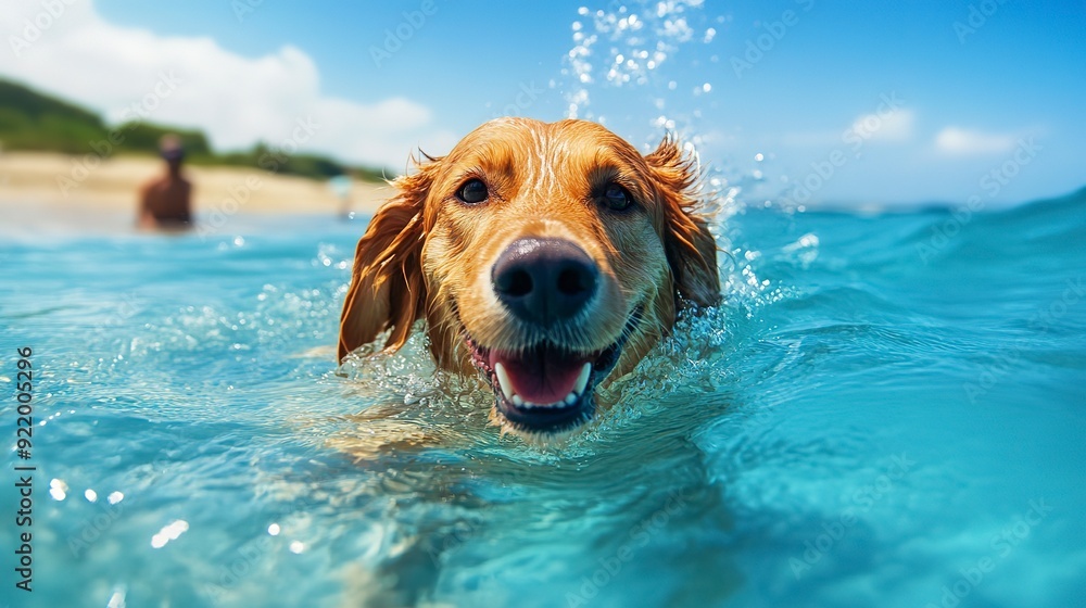 Happy dog swimming in the sea at the beach Happy dog swimming in the sea at the beach