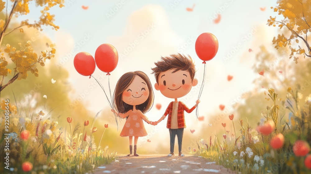 Happy cartoon kids holding hands and walking in a field of flowers with red balloons Happy cartoon kids holding hands and walking in a field of flowers with red balloons