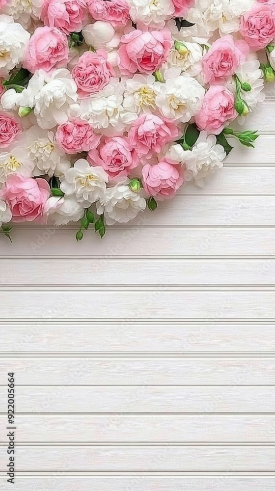 Delicate pink and white flowers cascade from a lush floral design against a white brick wall, creating an enchanting backdrop for events Delicate pink and white flowers cascade from a lush floral design against a white brick wall, creating an enchanting backdrop for events