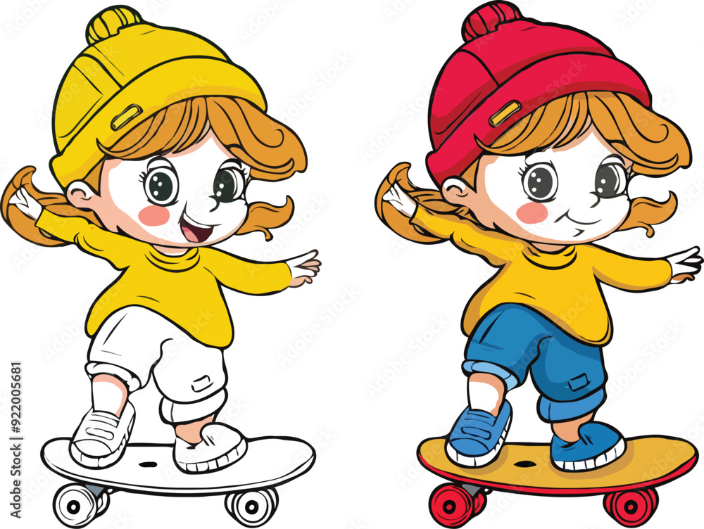 coloring page features a simple drawing of red yellow with baby girl & boy playing skateboarding, Coloring book for kids coloring page features a simple drawing of red yellow with baby girl & boy playing skateboarding, Coloring book for kids