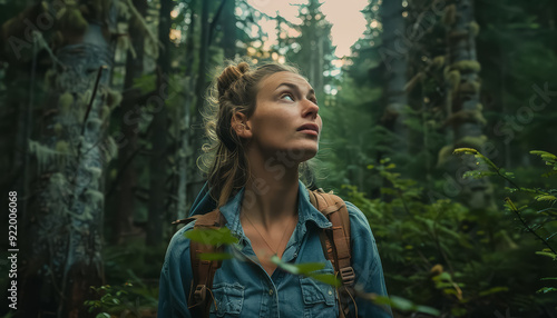 A woman in a yellow jacket is looking up at the sky