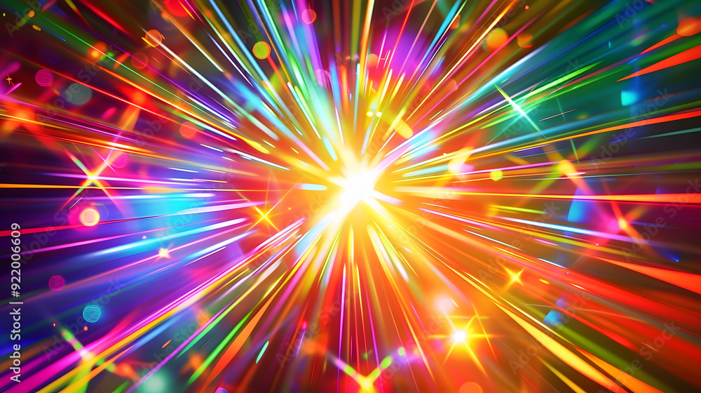 Fototapeta premium Vibrant abstract background featuring a holographic rainbow flare with blurred rainbow light refraction texture overlay effect, creating a mesmerizing and futuristic visual experience.