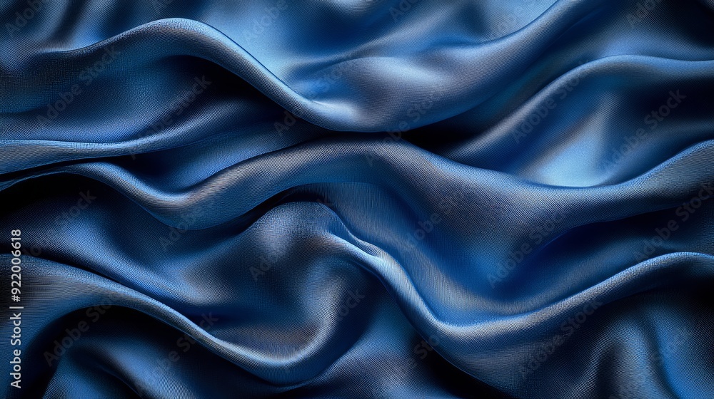 Fototapeta premium Blue silk cloth forming abstract wavy shapes background