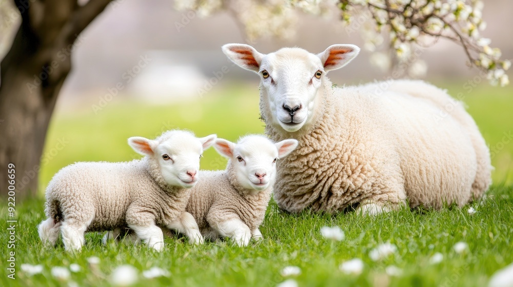 A mother sheep watches over her playful lambs in the lush green English countryside beneath an ancient tree A mother sheep watches over her playful lambs in the lush green English countryside beneath an ancient tree