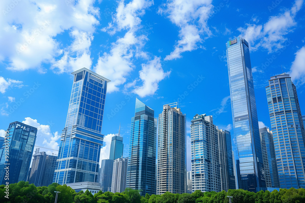 Skyscrapers Viewed from Below with Blue Sky and White Clouds Skyscrapers Viewed from Below with Blue Sky and White Clouds