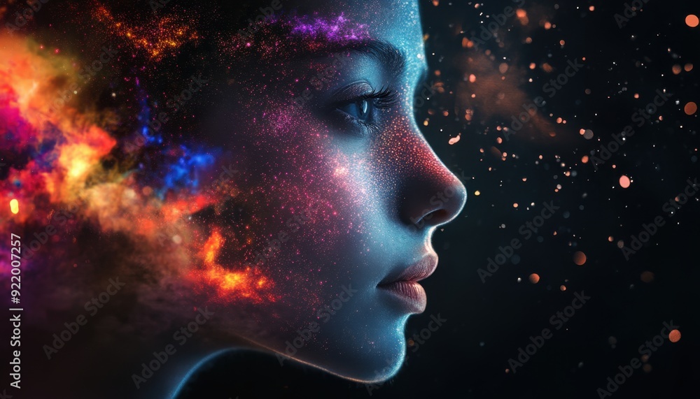 A young woman’s profile illuminated by vibrant cosmic colors and particles in a dark setting A young woman’s profile illuminated by vibrant cosmic colors and particles in a dark setting
