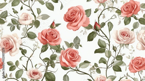 Seamless floral pattern with pink and white roses blooming on white background