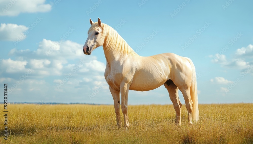 White horse standing gracefully in a sunny field under a blue sky White horse standing gracefully in a sunny field under a blue sky