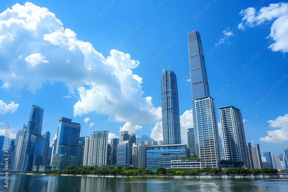 Fototapeta premium Skyscrapers Viewed from Below with Blue Sky and White Clouds
