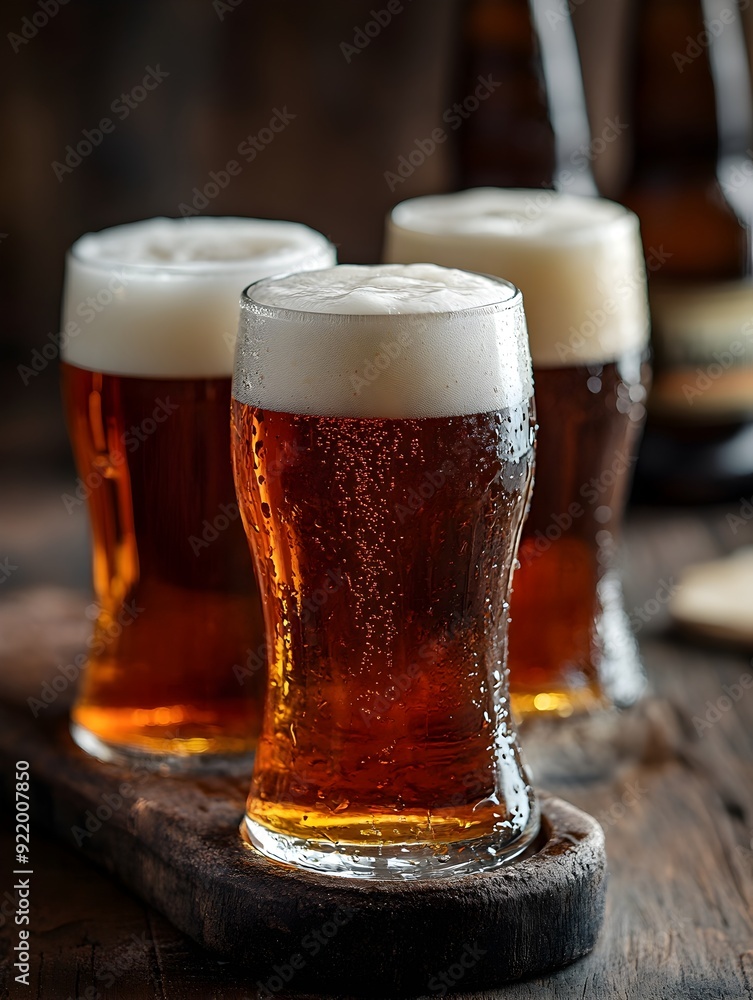 Freshly Poured Amber Beers on Wooden Coasters with Clear Space Freshly Poured Amber Beers on Wooden Coasters with Clear Space