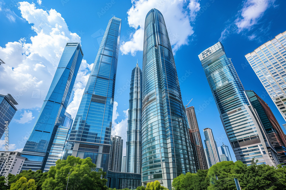 Skyscrapers Viewed from Below with Blue Sky and White Clouds Skyscrapers Viewed from Below with Blue Sky and White Clouds
