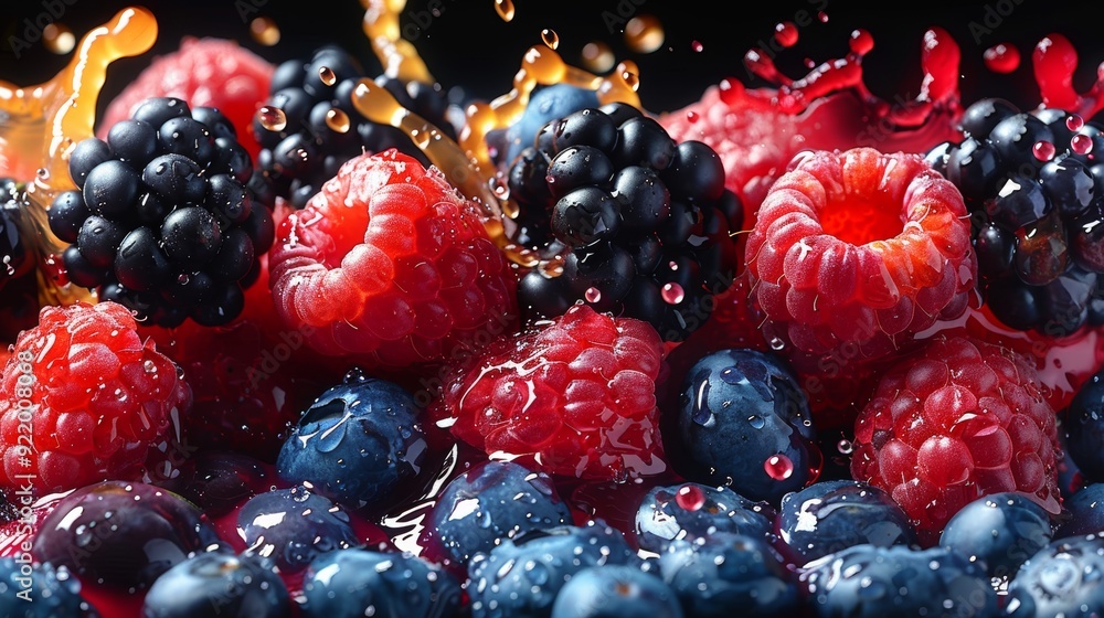Fresh berries splashing in water with vibrant colors on a black background Fresh berries splashing in water with vibrant colors on a black background