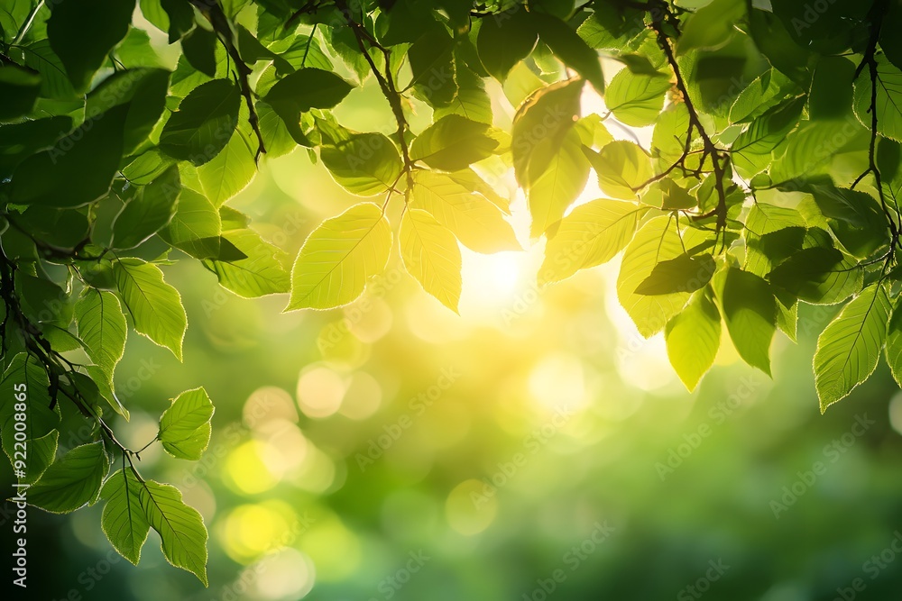Obraz premium Bright sunlight filters through lush green leaves in a tranquil forest during a warm afternoon