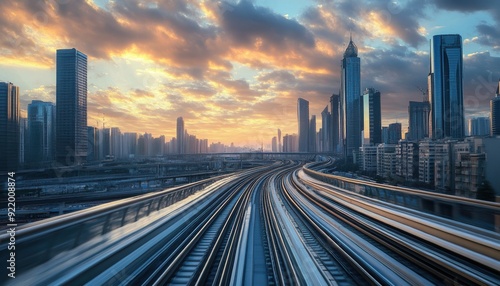 Urban skyline at sunset with train tracks leading through the cityscape