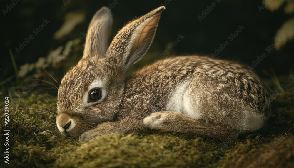 A young rabbit resting peacefully on soft moss in a forest setting during golden hour A young rabbit resting peacefully on soft moss in a forest setting during golden hour