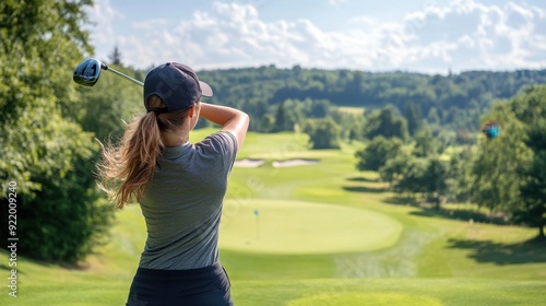 a woman hitting a golf club, with a prominent view over the green