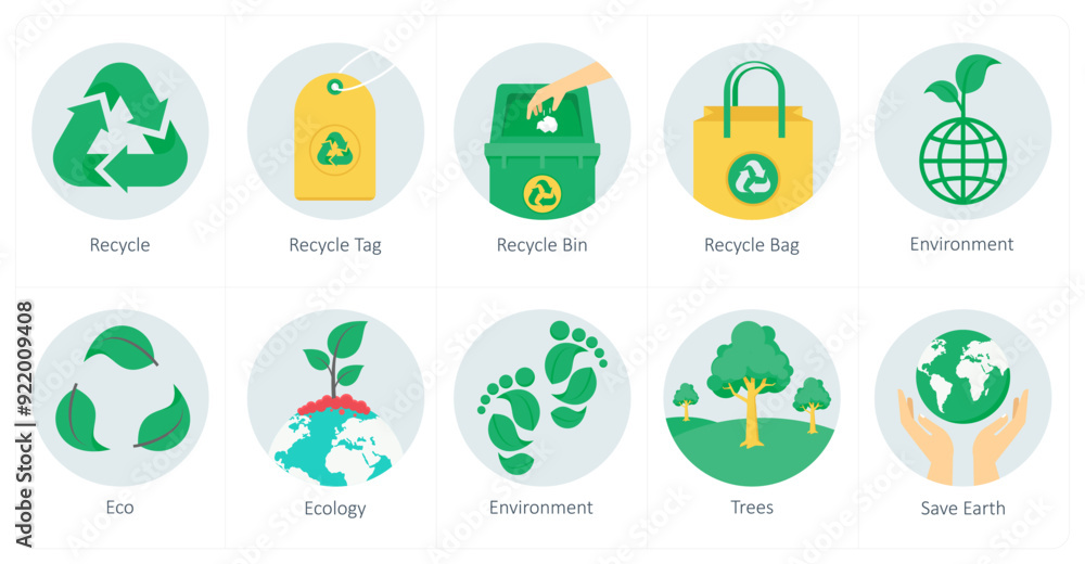 A set of 10 ecology icons as recycle, recycle tag, recycle bin A set of 10 ecology icons as recycle, recycle tag, recycle bin