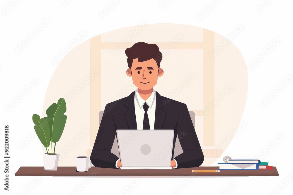 Cartoon-style businessman in a suit working on a laptop at his desk. Cartoon-style businessman in a suit working on a laptop at his desk.