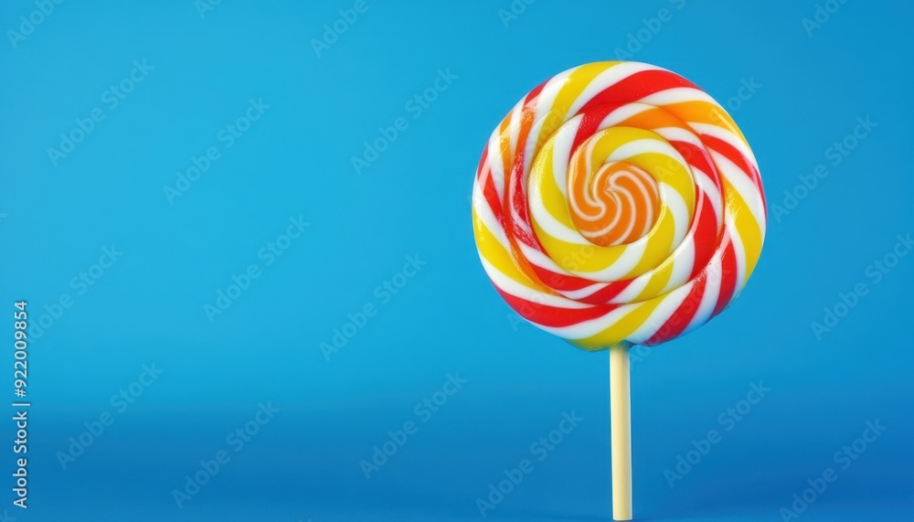 Colorful spiral lollipop on a bright blue background with a classic design Colorful spiral lollipop on a bright blue background with a classic design