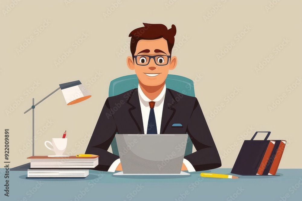 Cartoon-style businessman in a suit working on a laptop at his desk. Cartoon-style businessman in a suit working on a laptop at his desk.