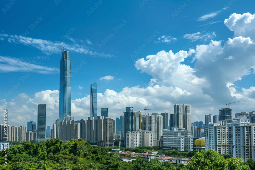 Skyscrapers Viewed from Below with Blue Sky and White Clouds Skyscrapers Viewed from Below with Blue Sky and White Clouds