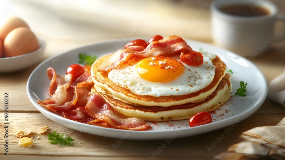 Photorealistic traditional American breakfast with eggs pancakes bacon and toast Photorealistic traditional American breakfast with eggs pancakes bacon and toast