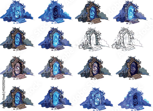 Clip art Game object 2D item Pixel portals set. Magic fantasy glowing door icon Different mystical Fantastical portal door in fairy world cartoon magic fantasy teleports gates ui design elements