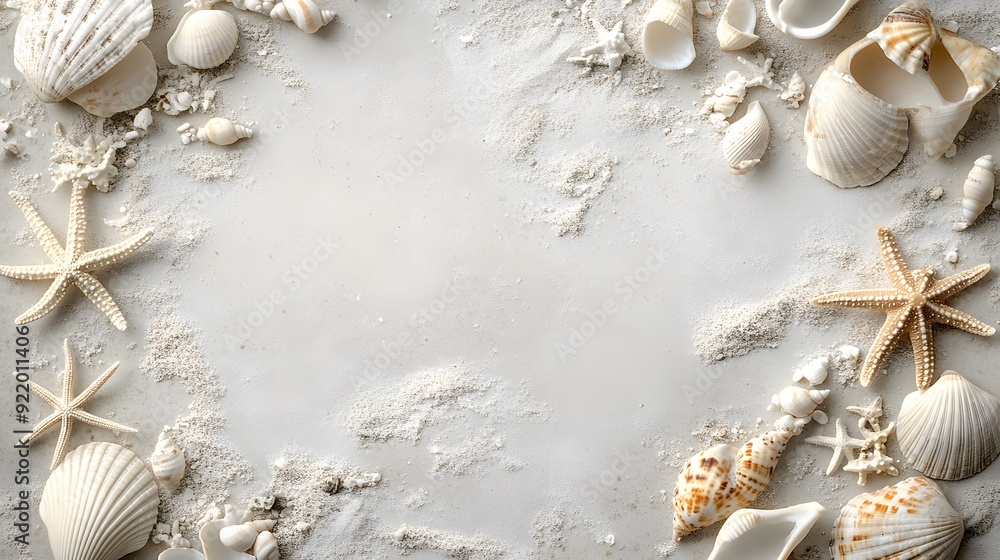 Fototapeta premium A background with seashells and starfish scattered around the edges.