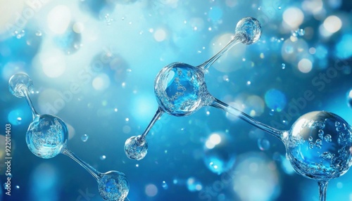 Molecules of water interacting in a blue and bright scientific environment