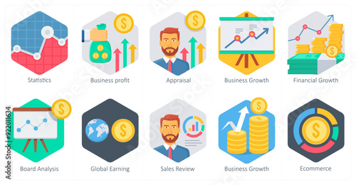 A set of 10 office and business icons as statistics, business profit, appraisal