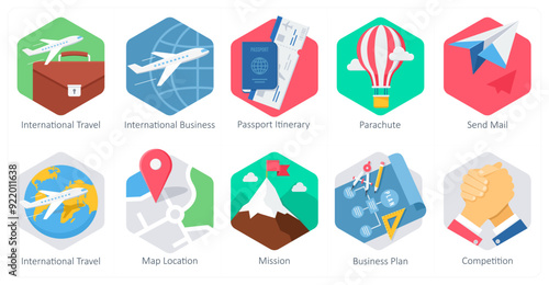 A set of 10 office and business icons as international travel, international business, passport itinerary