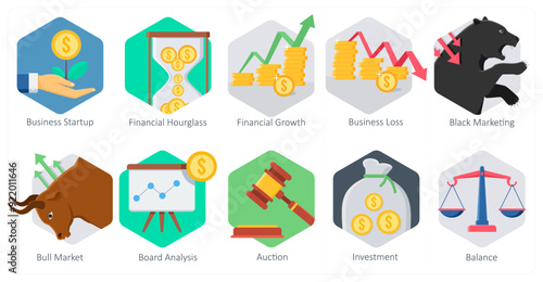 A set of 10 office and business icons as business startup, financial hourglass, financial growth