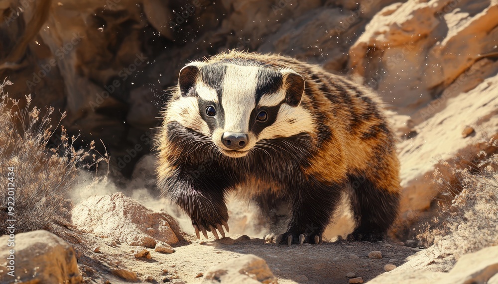 A badger walking on rocky terrain during daylight in a desert landscape A badger walking on rocky terrain during daylight in a desert landscape