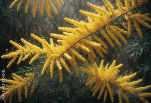 A close-up view of a large explosion of golden yellow mimosa flowers