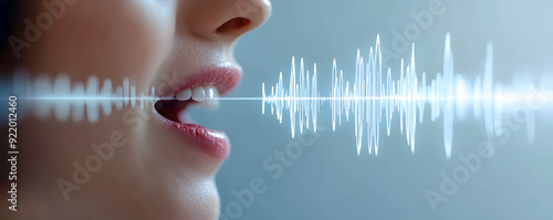 Voice authentication and security concept, woman mouth with clear sound waves indicating voice verification