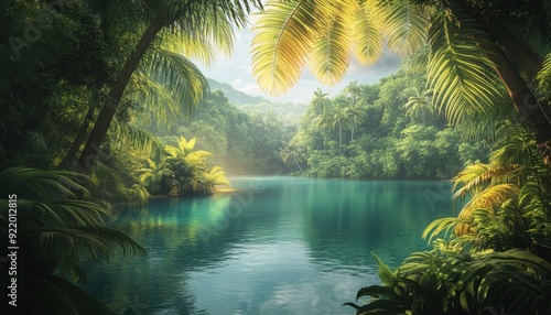 Tranquil tropical lagoon surrounded by lush greenery during midday